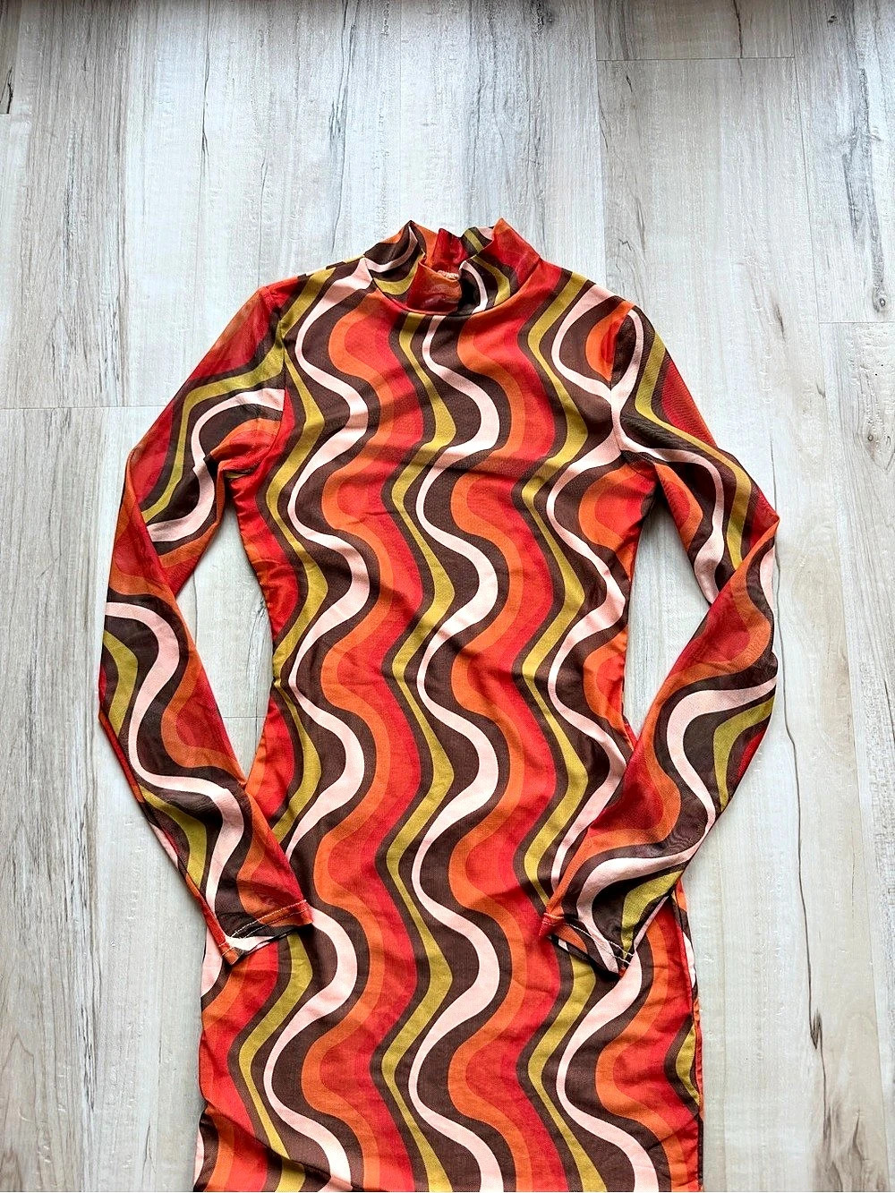 Princess Polly Orion Retro Swirl Long Sleeve Mini Dress Mini Dress Red & Brown